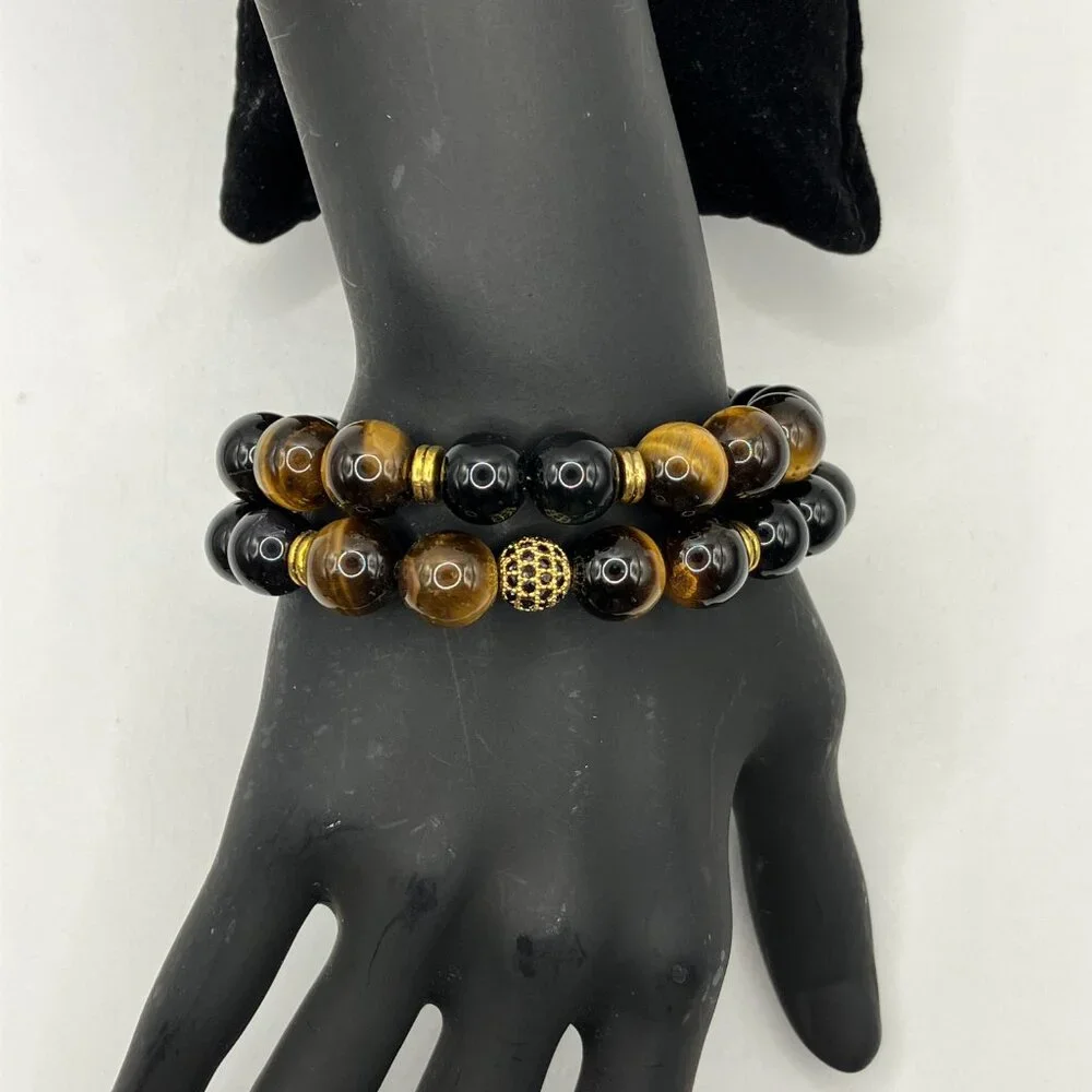 Tiger Eye Cubic Zirconia + Black Agate Gemstone 2-strand Bracelet Brand New